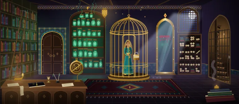 The vizier's library, with Scheherazade in a golden cage