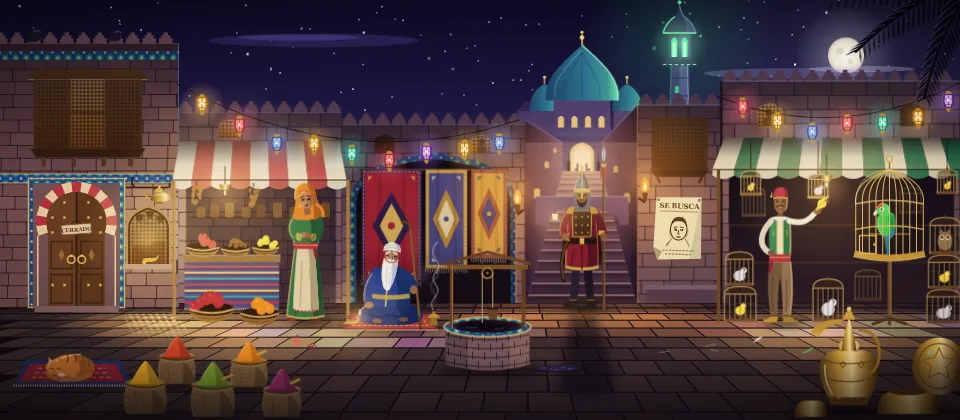A bazaar in old Baghdad at night, with lanterns, market stalls and a palace on the hill