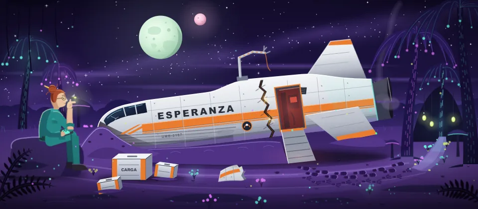 A crashed spaceship in violet sand under two moons, at the edge of a glowing alien jungle