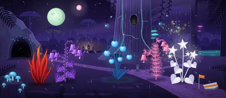 A bioluminescent jungle clearing with strange glowing plants